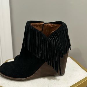 Lucky Brand black suede fringe wedge booties